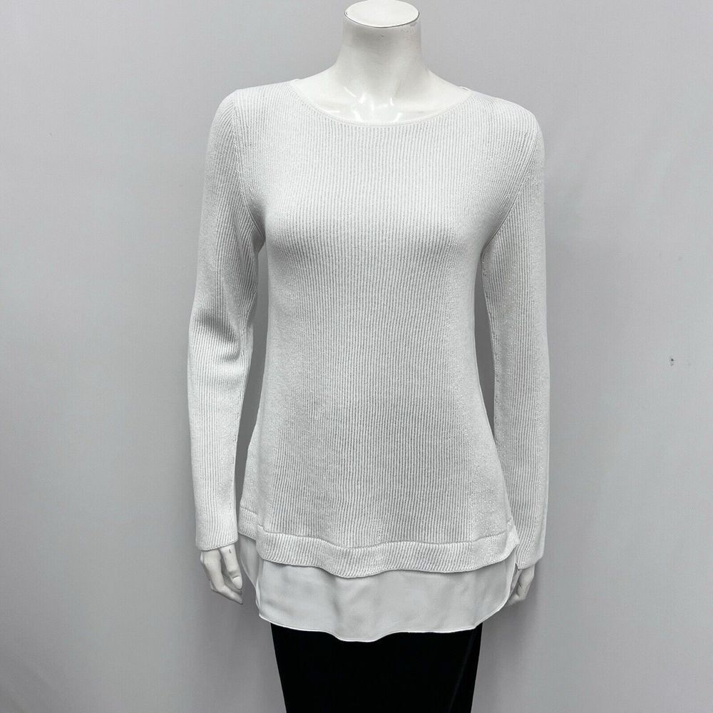 Les Copains Top White & Metallic‎ Silver Ribbed Blouse Bottom Size 42
